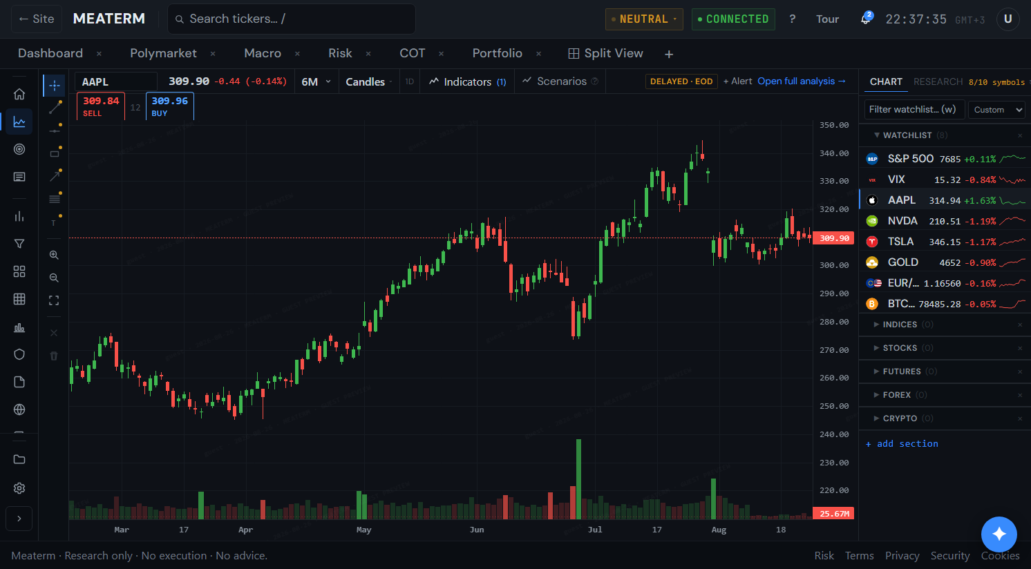 Meaterm chart and research view for a single symbol